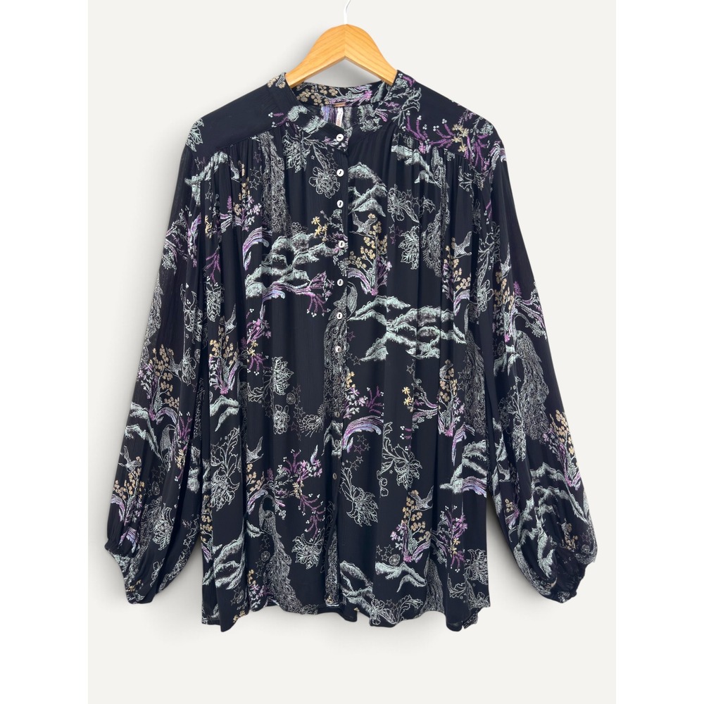 Free People Tunic Black Metallic Blooms Printed Dolman Top Boho Whimsigoth Indie - Picture 3 of 13